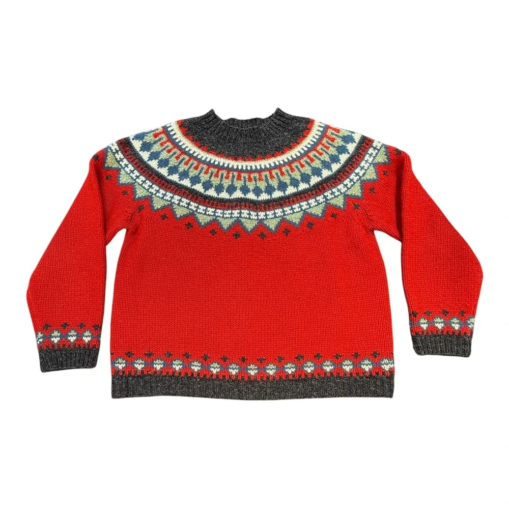 Eddie Bauer Fair Isle Wool Sweater Womens S Red Nordic Crew Neck Heavy Knit
